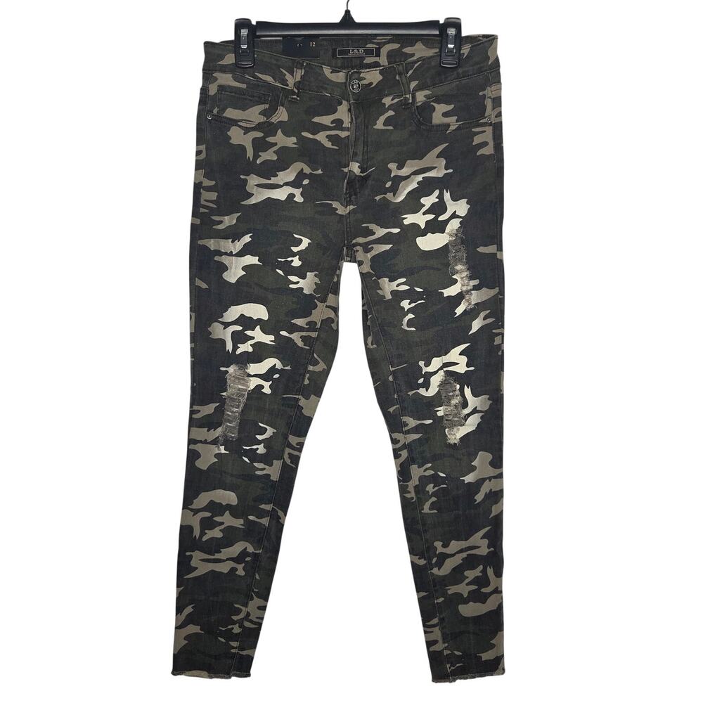 Lucky & Blessed High Rise Camo Skinny Ankle Jeans Distressed Green NWT Size 12
